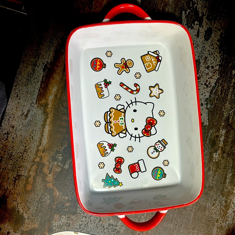 Christmas Hello Kitty baking dish. This is hand painted and dishwasher safe.